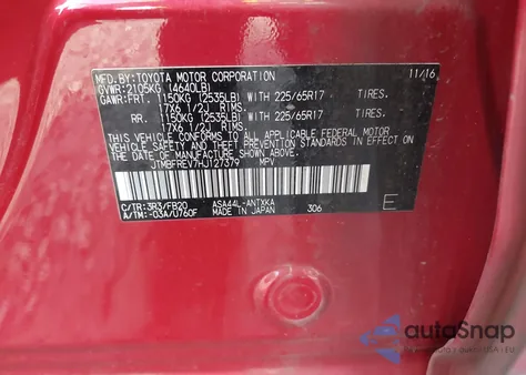 2017 Toyota Rav4 Le из США, поврежденный, VIN JTMBFREV7HJ127379